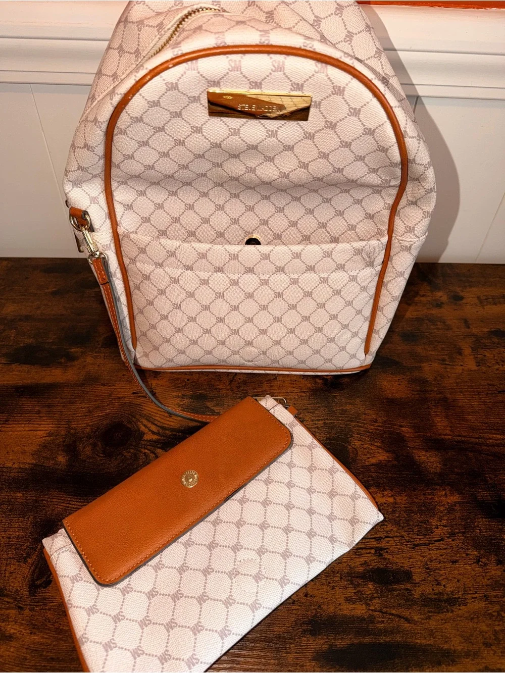 Steve Madden Cream and Tan Signature Mini Backpack